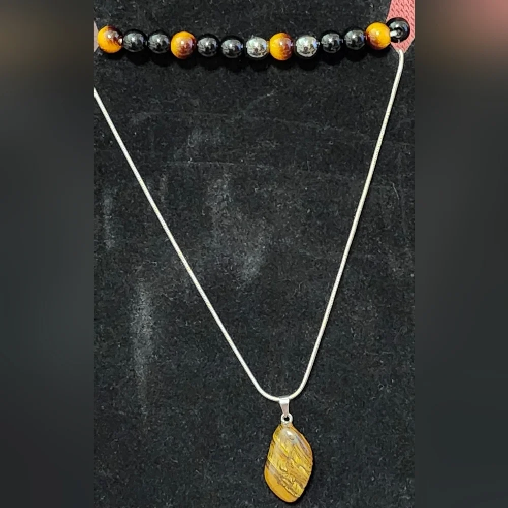 2pc Silvery Plted Tiger Eye Quartz Pendant Necklace and Handmade Bracelet Set
